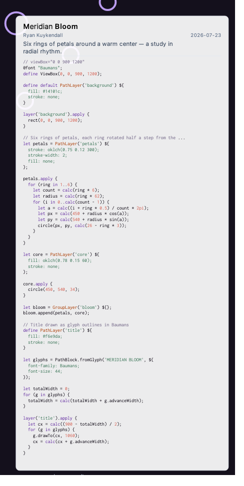 Close-up of an exported legend card: keywords in purple, layer constructors in magenta, numbers in coral, color values in green, comments in gray