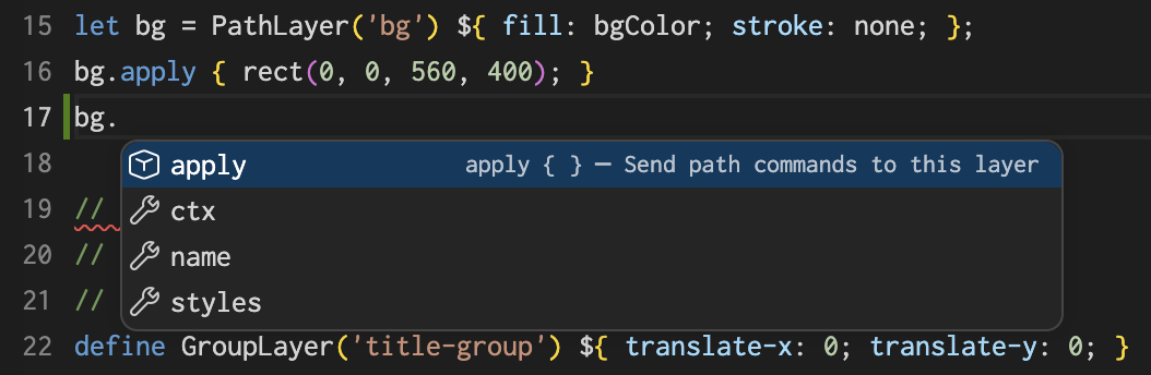VS Code completion popup showing PathLayer members: apply, ctx, name, styles